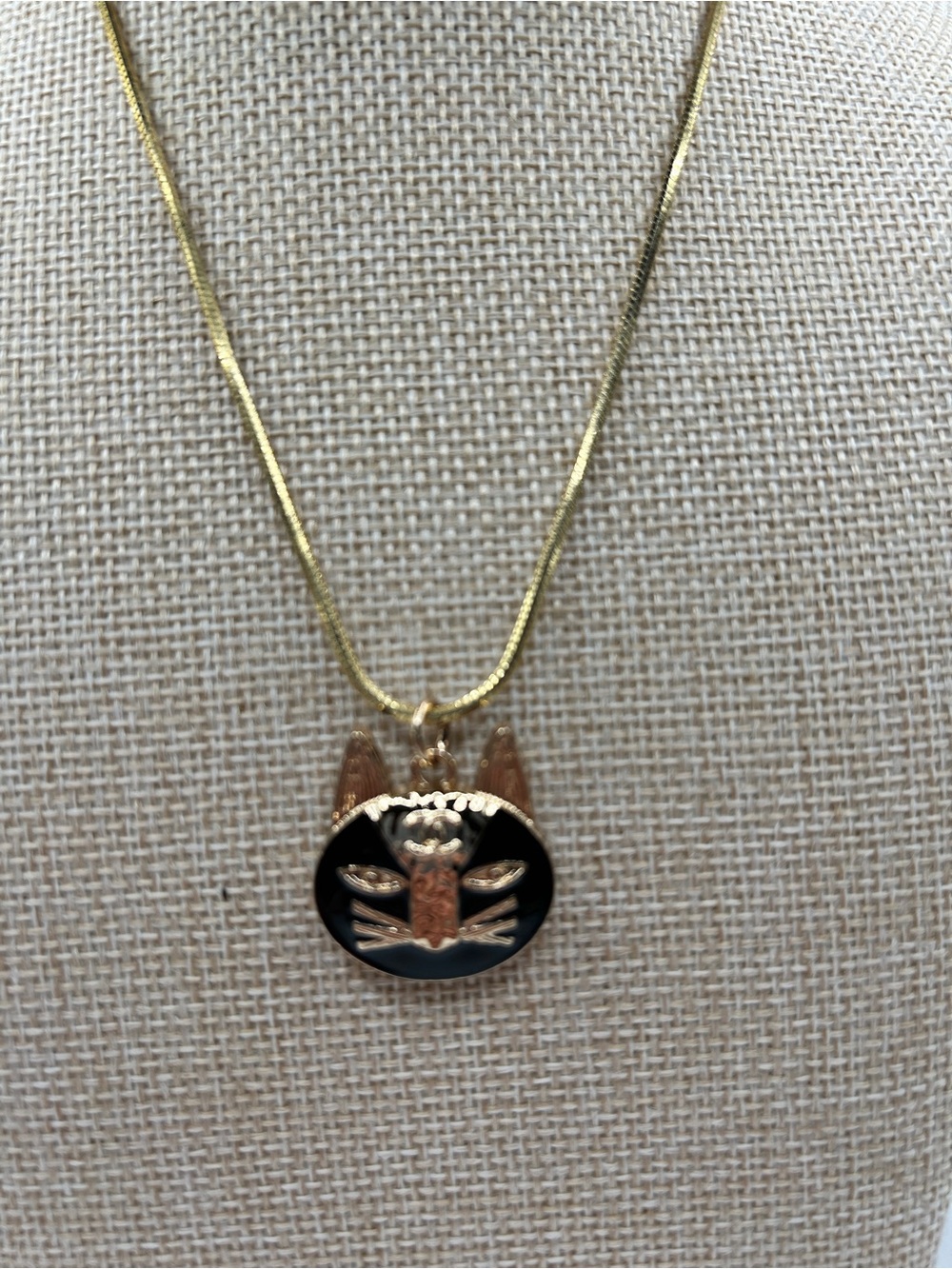 Chanel gold and black enamel Cat Pendant Necklace on gold chain